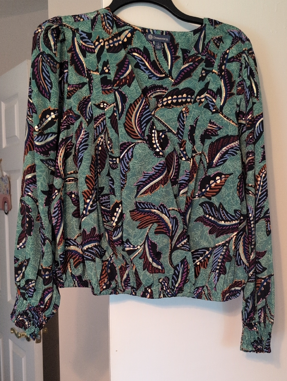 Democracy Teal Floral-Leaf Print Long Sleeve Blouse